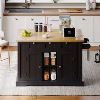 Kommode 132x40(70)x87 cm, klappbare Arbeitsplatte, 3 Schubladen & Steckdose, Schwarz und Natürlich