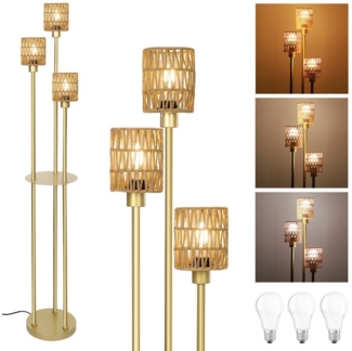 Sunicol Stehlampe Rattan Stehlampe mit Metall Regal, mit 3 Glühbirnen, 3 Farbtemperatur, LED wechselbar, 3-Wege Fußschalter, für Schlafzimmer Wohnzimmer, Höhe 175cm