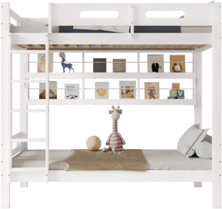 Merax Etagenbett mit 2 Schlafplätzen, Fallschutzgitter und Leiter, Kiefer Weiß, 90 x 200 cm