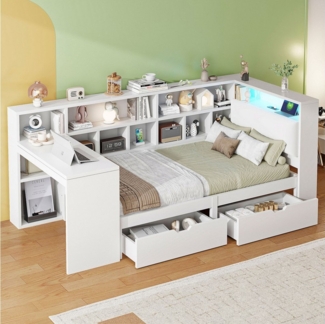 Ulife Kinderbett L-förmiges Holz-Plattformbett mit Schreibtisch und Bücherregal (Ohne Matratze), Eck-Kapitänsbett mit Schubladen unter dem Bett, LED-Licht