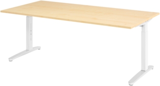 bümö manuell höhenverstellbarer Schreibtisch 200x100 in Ahorn, Gestell in weiß/alu - PC Tisch höhenverstellbar & groß, höhenverstellbarer Tisch Büro, großer Computertisch verstellbar, X2E-3-WC
