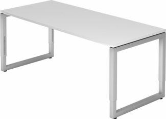 bümö höhenverstellbarer Schreibtisch R-Serie 180x80 cm in weiß, Gestell in Silber - großer PC Tisch für's Büro manuell höhenverstellbar, Computertisch verstellbar, RS-19-W-S