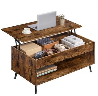 VASAGLE Couchtisch, Wohnzimmertisch, höhenverstellbar, verstecktes Fach, für Homeoffice, offenes Fach, vintagebraun-schwarz