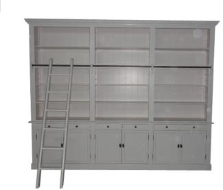 Bücherregal im Landhausstil (B 300 x T 36 x H 240) mit Leiter (H 300 cm) weiss Antik-Look - shabby-chic Regalschrank, Bücherschrank