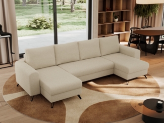 U-förmige Ecksofa, XXL Universalecke mit losen Kissen zum Wohnzimmer, Bettkästen und Schlaffunktion, schwarze Metallbeine - AXEL U - Beige Boucle