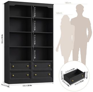 Homfa Bücherregal 180 cm Bücherschrank Hochschrank Mehrzweckschrank Standregal, mit 4 Schubladen und 8 Fächer groß holz 180 x 30 x 100 cm, schwarz