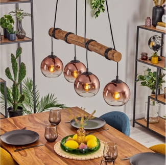 hofstein Pendelleuchte Hängelampe aus Metall/Holz/Glas in Schwarz/Natur-/Kupferfarben/Klar, ohne Leuchtmittel, Hängeleuchte im Boho-Design mit Glasschirmen und Holzbalken, 4 x E27