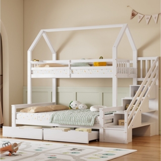 TavilaEcon Etagenbett Kinderbett Hausbett mit 2 Schubladen, einem Regal und Fallschutzgitter, mit MDF-Stauraum-Leiterschrank, 90x200 cm & 140x200 cm