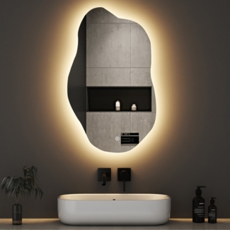 WDWRITTI Wandspiegel mit beleuchtung Badspiegel LED Touch Modern Dreifarbiges Dimmbar (LED Spiegel Bad Schminkspiegel Dekospiegel, Wolke, Wassertropfen, Stein), LED Multifunktionspiegel, Asymmetrisch Spiegel