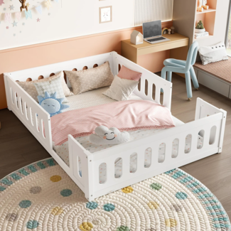 Kinderbett mit Zaun, ohne Lattenrost, 140x200 cm, Holzbett mit Rausfallschutz, Einzelbett, Kiefer