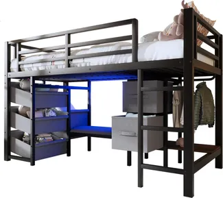Hochbett mit LED-Beleuchtung, Rausfallschutz, Lattenrost, Schubladen, Leiter, Kleiderstange, Sitzbank, 90x200cm, Kinderbett, Metallbett