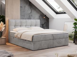 Boxspringbett mit Kopfteil und Topper, Doppelbett - RICO - 140x200cm - Hellgrau Velours - H4