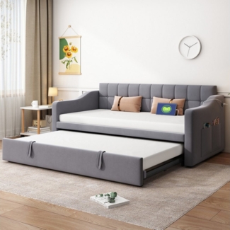 HAUSS SPOLE Polsterbett 90/180x 190cm 2 in 1 Polsterbett mit Steckdose und Aufbewahrungstasche (90/180x190 cm – Integrierte Ablagefächer, USB-Ladeanschluss, Hochwertiger Samtstoff, Perfekt für Gästezimmer & Wohnzimmer, Daybett Tagesbett Schlafsofa), Oh...
