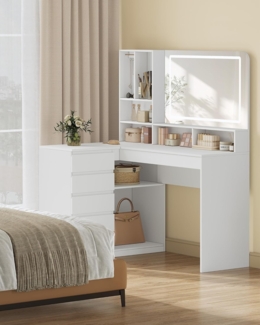 Schminktisch mit Großer Spiegel, L-förmiger Eckschminktisch mit LED-Beleuchtung, 5-Schubladen-Schrank, 7 Offenen Fächern, mit Halskettenhaken, Schlafzimmer, Weiß