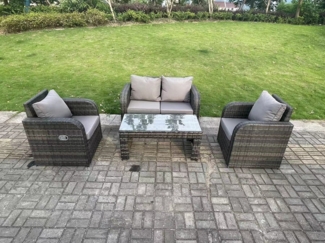 Fimous Dunkelgrau PE Wicker Rattan Gartenmöbel Set Liebe Sofa Liegestuhl im Freien Rechteckiger Couchtisch 4 Sitzer