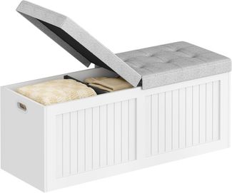 Schuhbank, mit Stauraum, Mit Leinenkissen, Holz Weiß-Grau, 40 x 109 x 44,5 cm