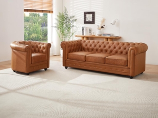 Vente-unique - Sofa 3-Sitzer & Sessel - Rindsleder - Camelfarben - CHESTERFIELD