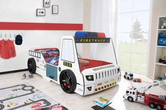 Autobett Kinderbett 90x200 Feuerwehrbett "Rio Firetruck" Hochglanz mit LED Leuchte Weiß