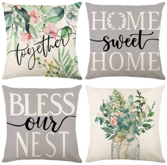 Rosnek Kissenbezug 4 Stück, Leinen, Floral, Quadratisch, für Bett Wohnzimmer Sofa Deko, (4 Stück)