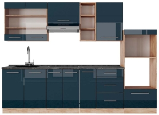 Küchenzeile Fame-Line Dunkelblau Hochglanz/Goldkraft Eiche 280 cm , AP Anthrazit Vicco