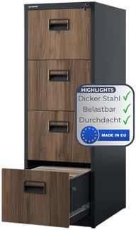 Hängeregisterschrank abschließbar TION - 4 Schubladen mit Schloss | Aktenschrank Büroschrank aus Stahl Metallschrank, 132 x 46 x 62 cm Anthrazit-Nussbaum