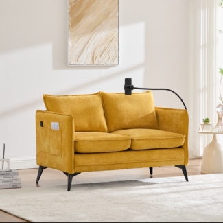 LVHOM 2-Sitzer Sofa mit Handyhalter und USB, Doppelsofa mit Seitentaschen, Polstersofa Zweisitzer mit Chenille Bezug, Gelb