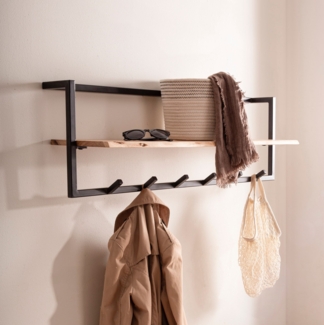 FINEBUY Wandgarderobe Akazie Massivholz 100cm mit Baumkante Industrial (Natürliche Akazie mit markanter Baumkante), Praktische Flurgarderobe mit Metallhaken