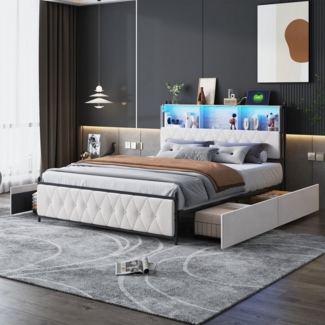 PXloue Polsterbett Doppelbett mit LED Licht (Mit Lattenrost und Ladefunktion, Samtmaterial Stauraumbett), Modernes Jugendbett, mit Bettrahmen und 4 Schubladen, Samt, 160x200 cm