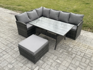 Fimous 7 Sitzer Rattan Gartenmöbel-Sets Hoher Rücken Ecksofa Rechteckiger Esstisch Set mit Großer Fußhocker Dunkelgrau gemischt