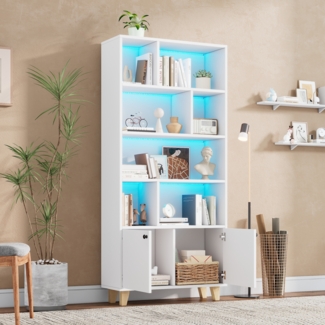 Merax 173cm Bücherregal, Beine aus Massivholz, mit mehrere Ablagefächer, Doppeltüren, LED-Farbwechsel-Ambientelicht, Fernbedienung, weiß