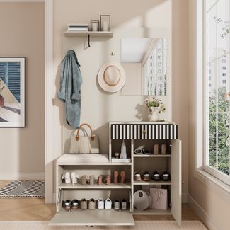 Merax Garderobenset, Kompaktgarderobe, Flurgarderobe mit Spiegel und Polsterkissen, Flurschrank, Wohnwand, Regal, Flur- und Dielengarderobenpaneele, Schuhschrank, Beige