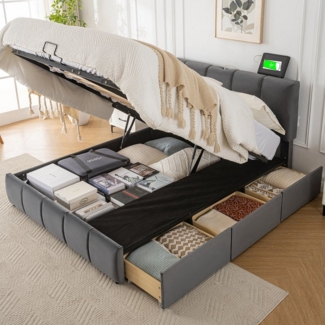 TavilaEcon Boxspringbett Doppelbett mit drei Schubladen und verstellbarem Kopfteil, mit 3 Ladeanschlüsse, aus hochwertigem grauem Samtstoff, 140×200cm