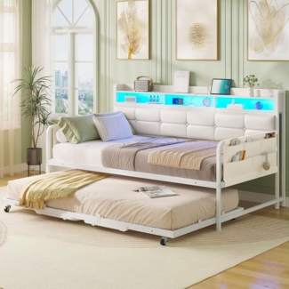 MSMASK Daybett Tagesbett mit Steckdosen & LED-Beleuchtung, Sofabett mit Ausziehbett, 90x200 cm/180x200 cm, PU Weiß