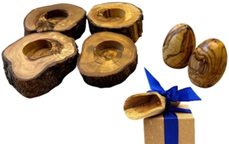 Olivenholz-erleben Eierbecher Rustikal, (Set, 6-tlg, 4x Eierbecher rustikal, plus Salz- und Pfefferstreuer), Olivenholzscheiben als Eierbecher mit Ei-förmigen Streuern