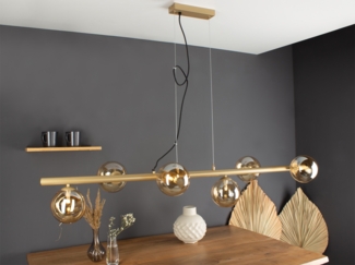 LED Pendelleuchte 6 flammig Messing & Amberglas, Breite 144cm
