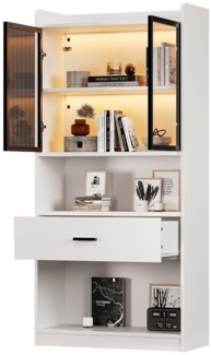 OKWISH Vitrine verstellbaren Regalen und Stauraum (Aufbewahrungsregale, Bücherregal Vitrine, Display Regal, 1-St, 1 Vitrine(2 Türen, 1 Schublade, 2 offene Fächer) mit Glastüren, LED-Beleuchtung 16 Lichtfarben