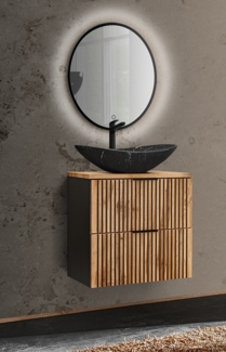 Gäste WC Waschplatz mit Waschtisch Unterschrank 60 cm, LED Spiegel Touch Funktion XANTEN-56 in anthrazit mit Eiche Nb. schwarz gerillt, B/H/T: 62/200/46,5 cm