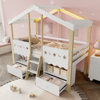 Merax Kinderbett, Halbhohes Bett, 90x200cm, Jugendbett, Hausform, Hochbett, 2 Schubladen, LED-Lichtleiste, ohne Matratze, Weiß + Natur