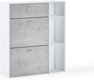 Skraut Home – Schuhschrank – 102 x 90 x 26 cm – Kapazität für 12 Paar Schuhe – 2 Flügeltüren + 1 Schublade – Windmodell – Weiß/Zement-Finish