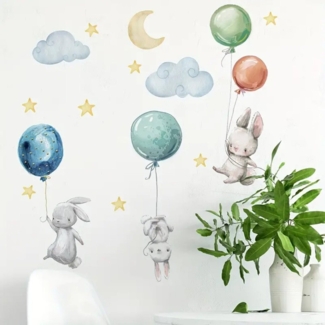 Montegoni Wandsticker Süße Hasen und Ballon Wandsticker Abnehmbare PVC Sticker, Selbstklebend und einfach zu entfernen, ideal für glatte Oberflächen