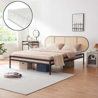 Metallbett Linköping mit ovalem Kopfteil und Matratze 160x200 cm Schwarz/Rattanoptik [en. casa]