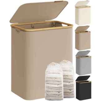 SONGMICS Wäschekorb mit Deckel, Wäschesammler mit 2 Fächern, 130 L, herausnehmbarer Wäschesack, Oxford-Gewebe, Griffe aus Bambus, zusammenklappbar, 52 x 38,5 x 70,5 cm, kamelbraun