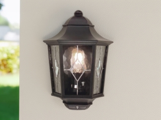 LED Außenwandleuchte Landhausstil Laterne Halbschale mit Bleiglas, Höhe 36cm