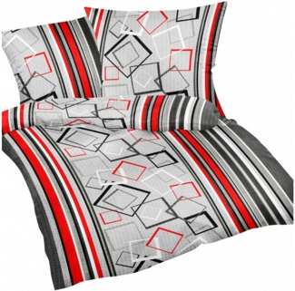 Heubergshop Bettwäsche, Seersucker, 2 teilig, 155x220cm + 80x80cm - Modern Karo Grau Rot - 100% Baumwolle (305/6)