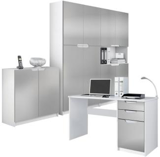 Vladon Aktenschrank Logan (Büromöbel-Set, mit 1 Schreibtisch, 2 Schränken und 1 Kommode) Weiß matt/Hellgrau seidenmatt (246 x 60 x 185 cm)