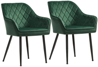 Esszimmerstuhl, 2er Set, Sessel, Polsterstuhl mit Armlehnen, Sitzbreite 49 cm, Metallbeine, Samtbezug, bis 120 kg belastbar, für Arbeitszimmer, Wohnzimmer, Schlafzimmer, grün LDC088C02