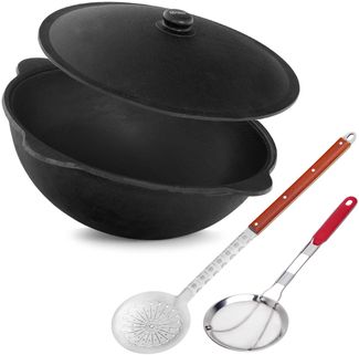 Kazan aus Gusseisen 22 L Schaumkelle Frittierkelle Kasan Uzbekisch Aluminiumdeckel Cast Iron Kessel Asia WOK Topf Grillwok Gusstopf Wokpfanne