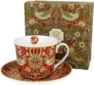 DUO ART GALLERY Jumbobecher 400 ml STRAWBERRY THIEF RED mit Untertasse, New Bone China Porzellan