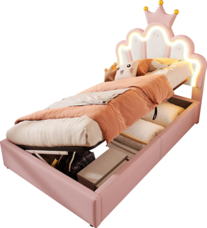 Prinzessinbett mit LED-Beleuchtung und Stauraum, 90x200cm, höhenverstellbarer Kopfteil, Mädchenbett, Polsterbett für Mädchen, Einzelbett