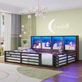 TavilaEcon Kinderbett Zaunbett 140x200 cm mit LED-Beleuchtung & Stauraum, App-Steuerung, LED-Streifen mit 60.000 Farben / 16 Hauptfarben, Schwarz
